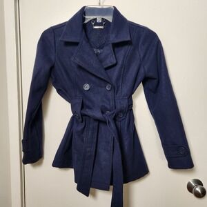 JOU JOU Girl's Double Breasted Fleece Trench Coat Navy Blue Size Medium Church